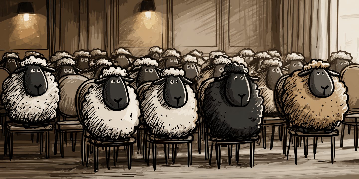 Illustration: an audience of sheep in a conference room